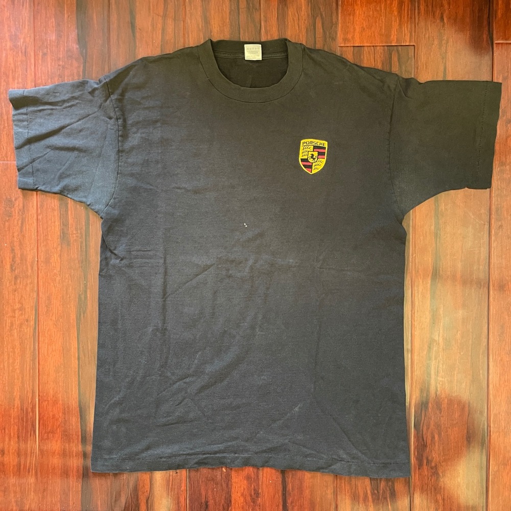 Vintage Porsche Logo T Shirt Embroidery Black Men's XL 90s USA Single Stitch